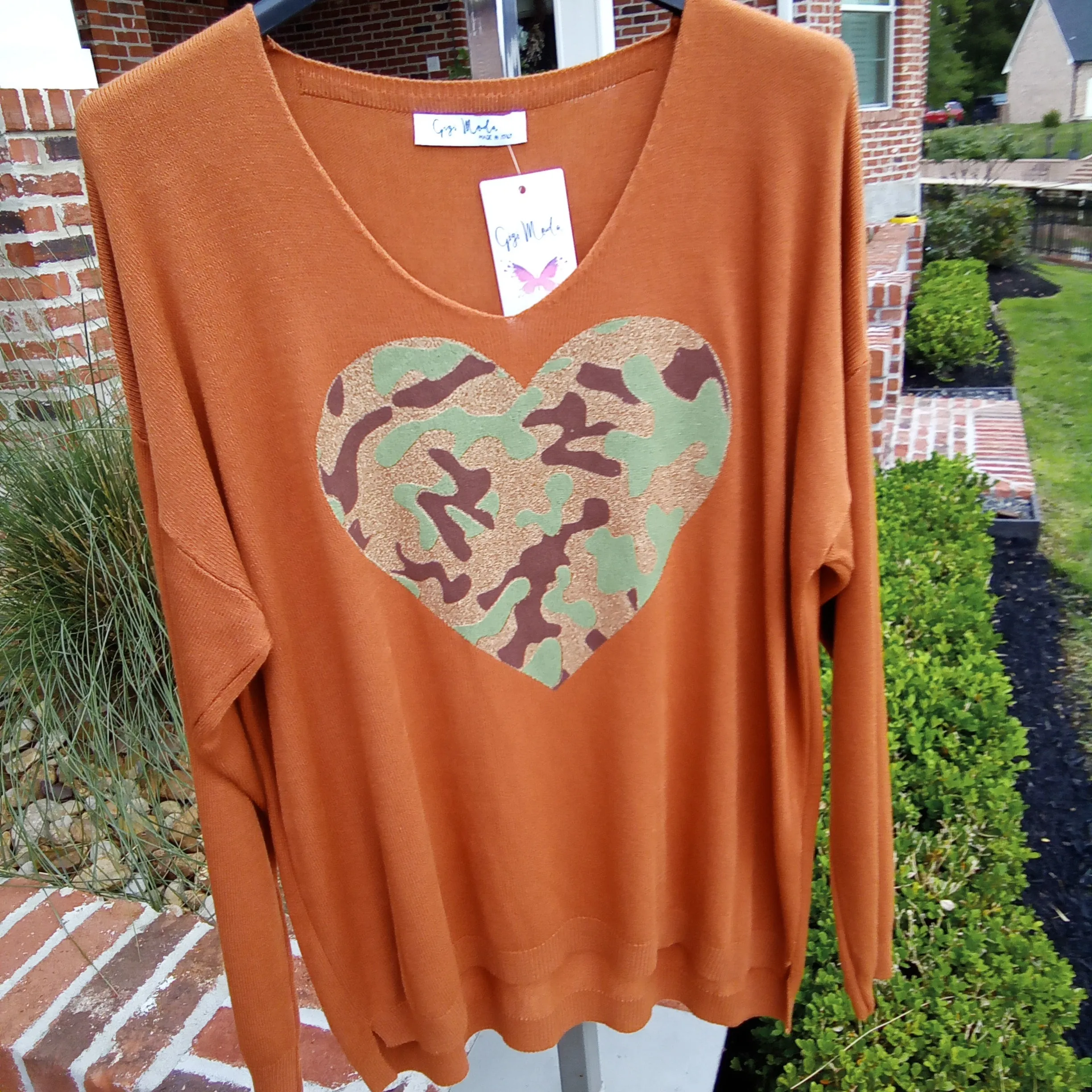 Camo Heart on Terracotta Sweater |  Gigi Moda