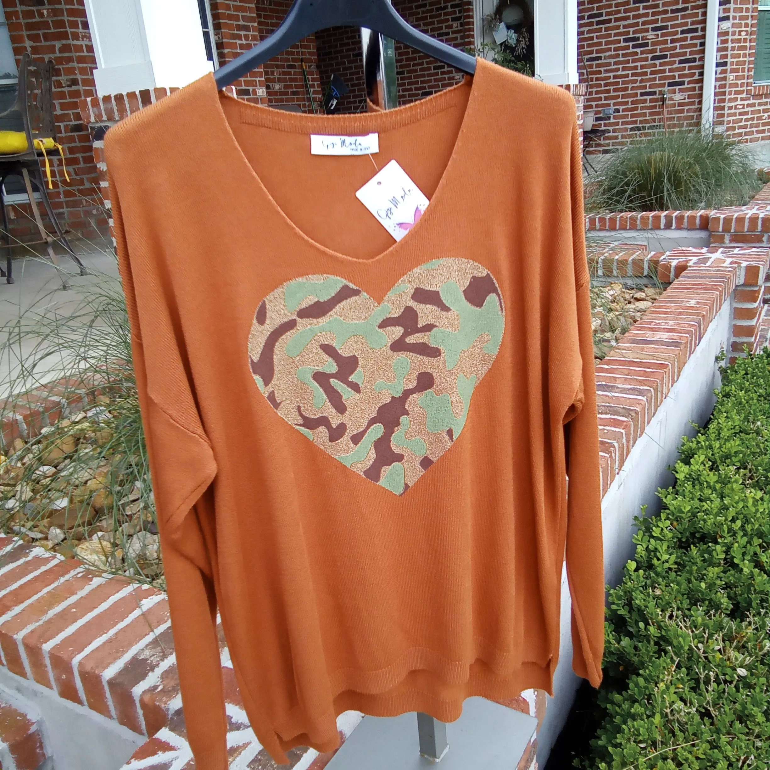 Camo Heart on Terracotta Sweater |  Gigi Moda