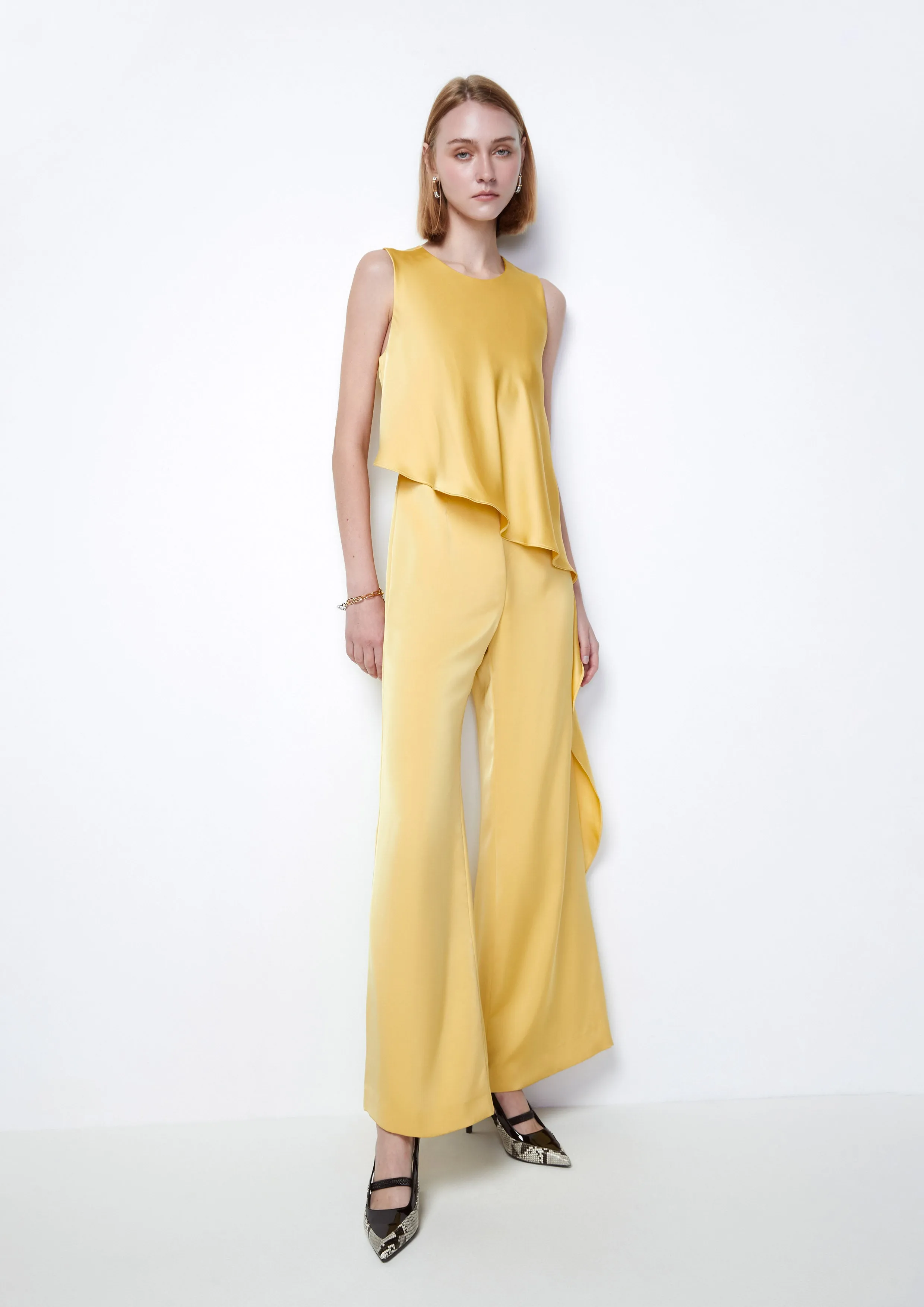 Cascade Ruffle Sleeveless Satin Jumpsuit