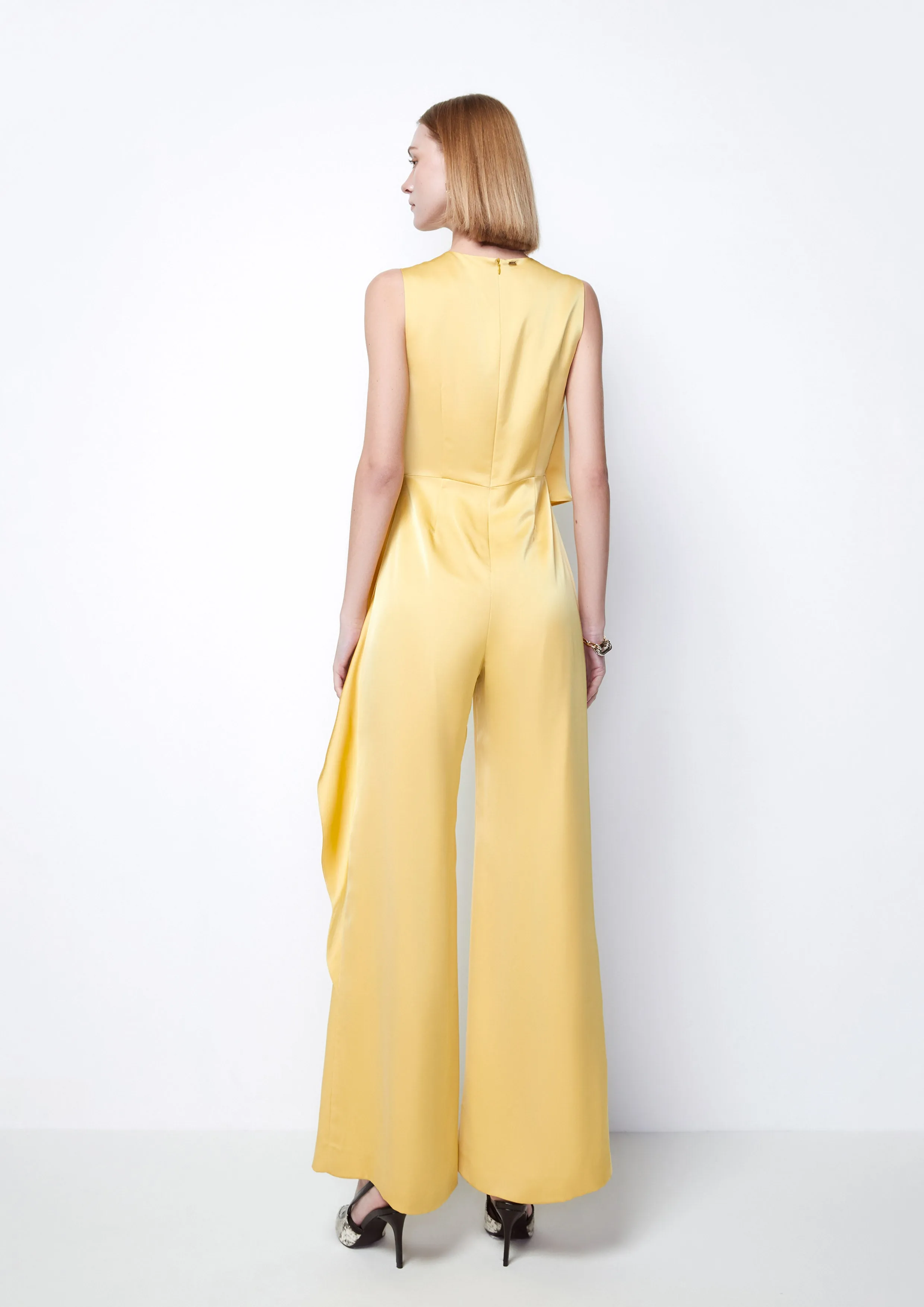 Cascade Ruffle Sleeveless Satin Jumpsuit