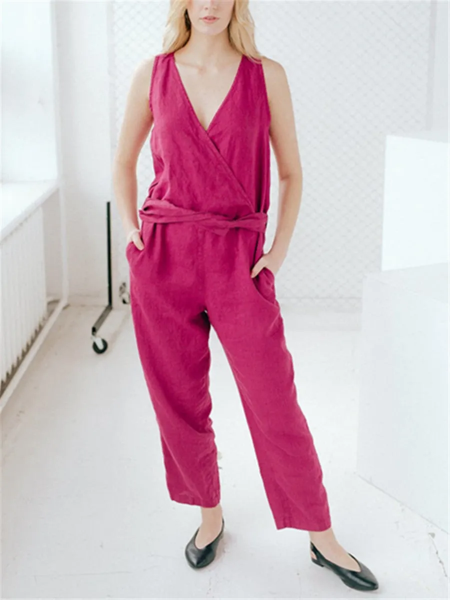 Casual Fashion Cotton Linen Sleeveless Jumpsuits