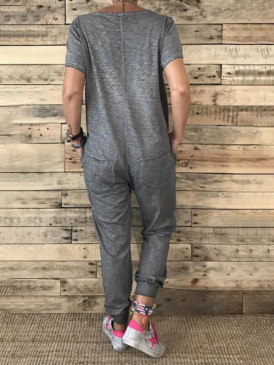 Casual Fashion Round Neck Pocket Jumpsuit