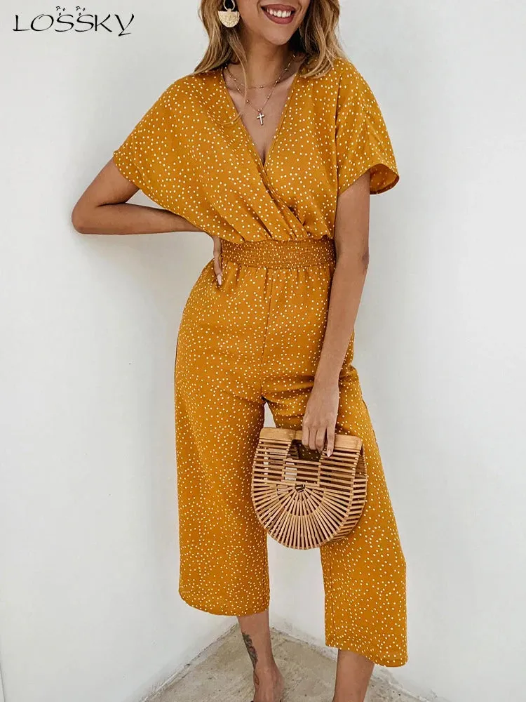 Casual Printed Overall Jumpsuit Short Sleeve Tops & Wide Leg Loose Pants