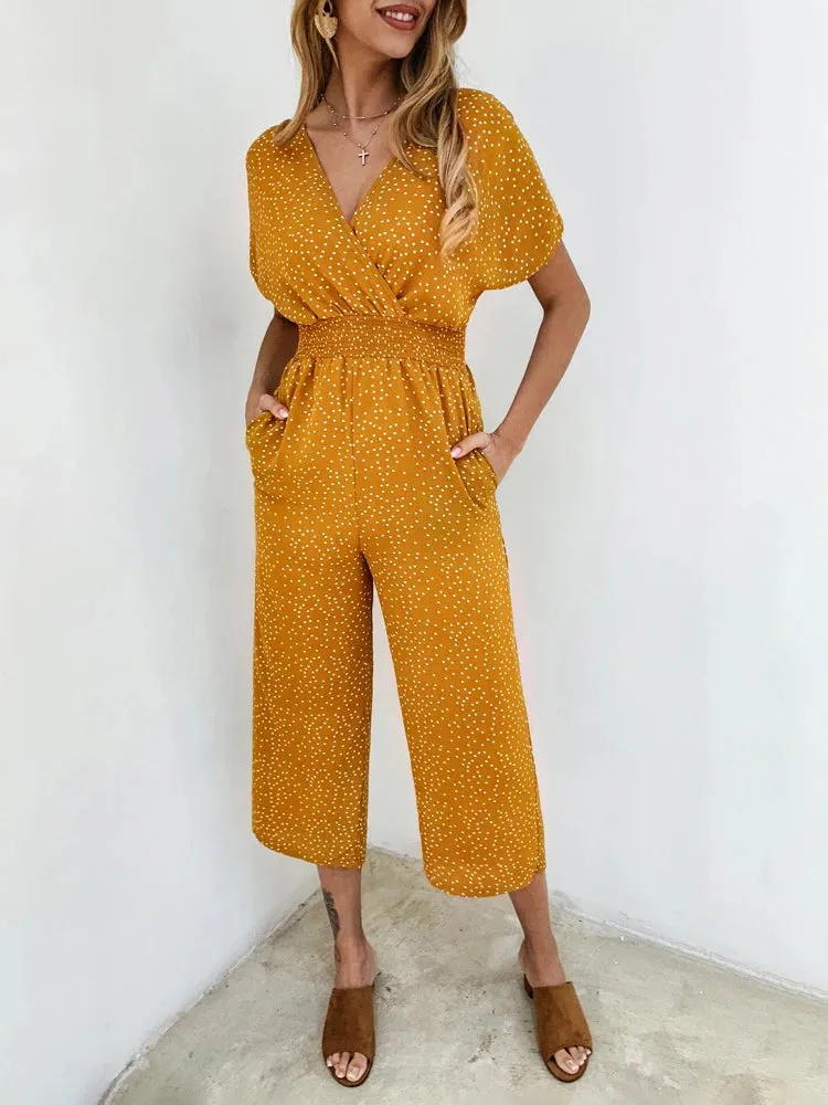 Casual Printed Overall Jumpsuit Short Sleeve Tops & Wide Leg Loose Pants