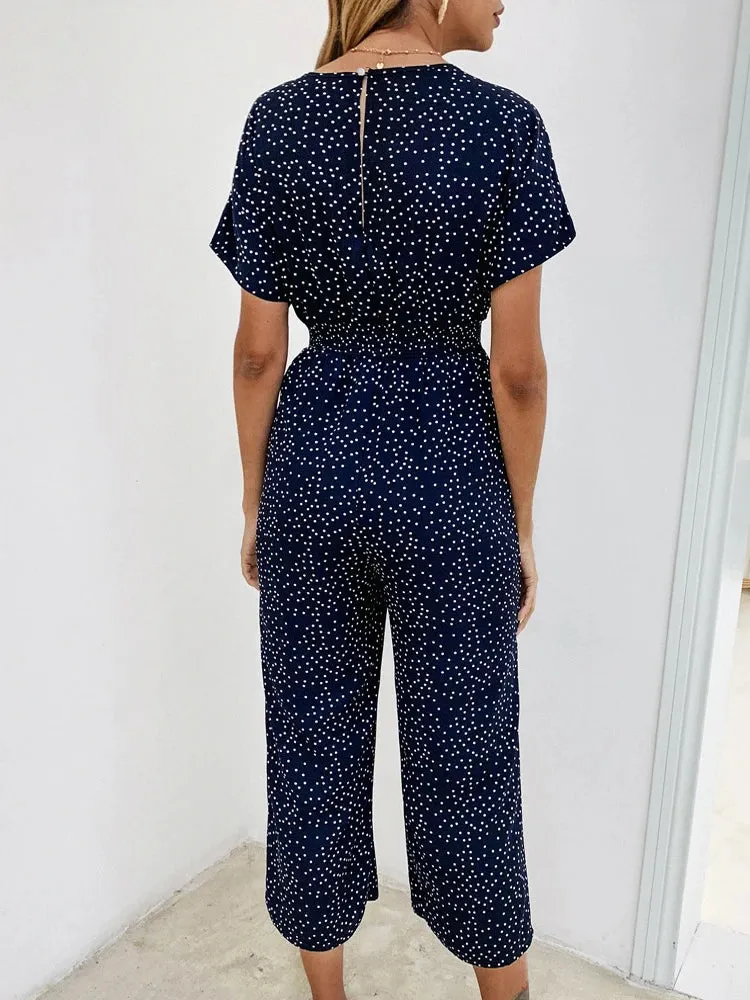 Casual Printed Overall Jumpsuit Short Sleeve Tops & Wide Leg Loose Pants