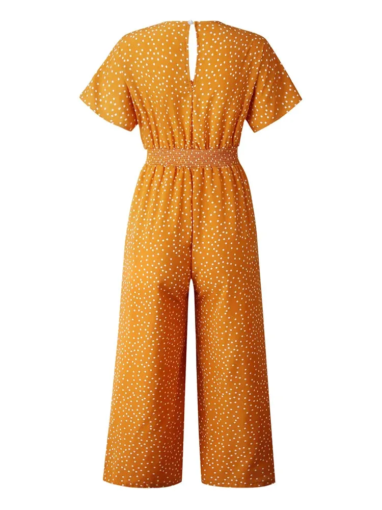 Casual Printed Overall Jumpsuit Short Sleeve Tops & Wide Leg Loose Pants