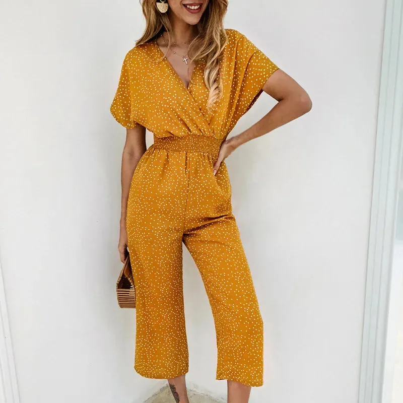 Casual Printed Overall Jumpsuit Short Sleeve Tops & Wide Leg Loose Pants