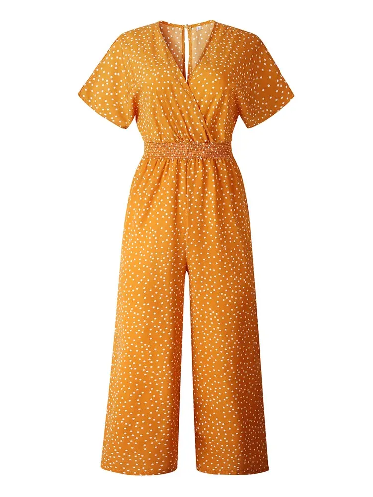 Casual Printed Overall Jumpsuit Short Sleeve Tops & Wide Leg Loose Pants