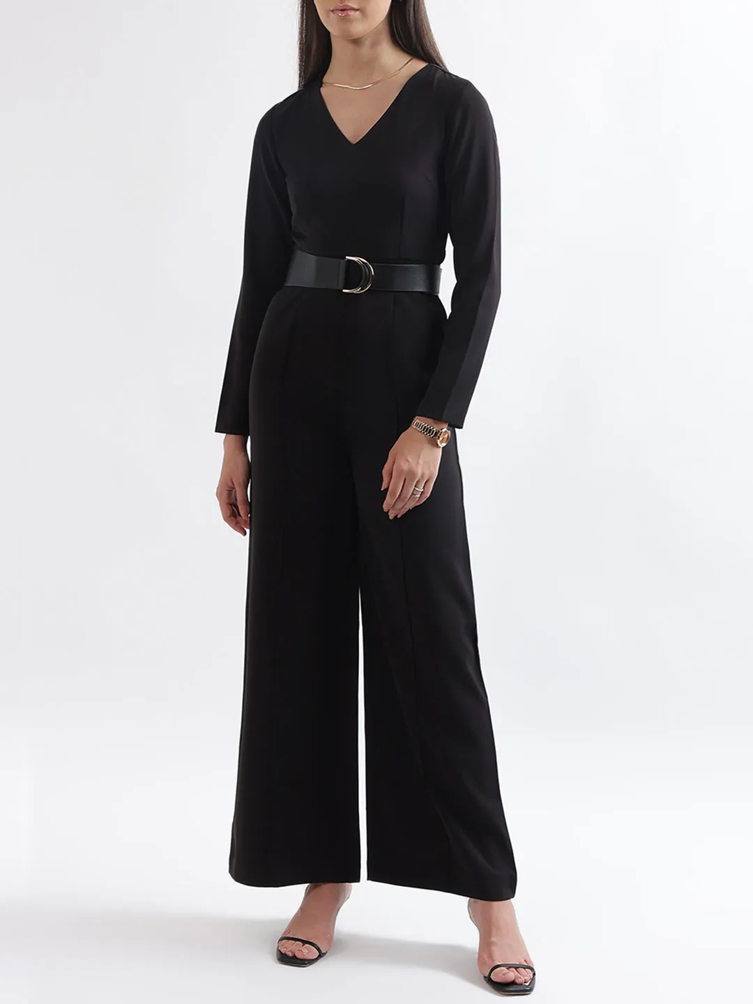 Centre Stage Women Black Solid V Neck Jumpsuit