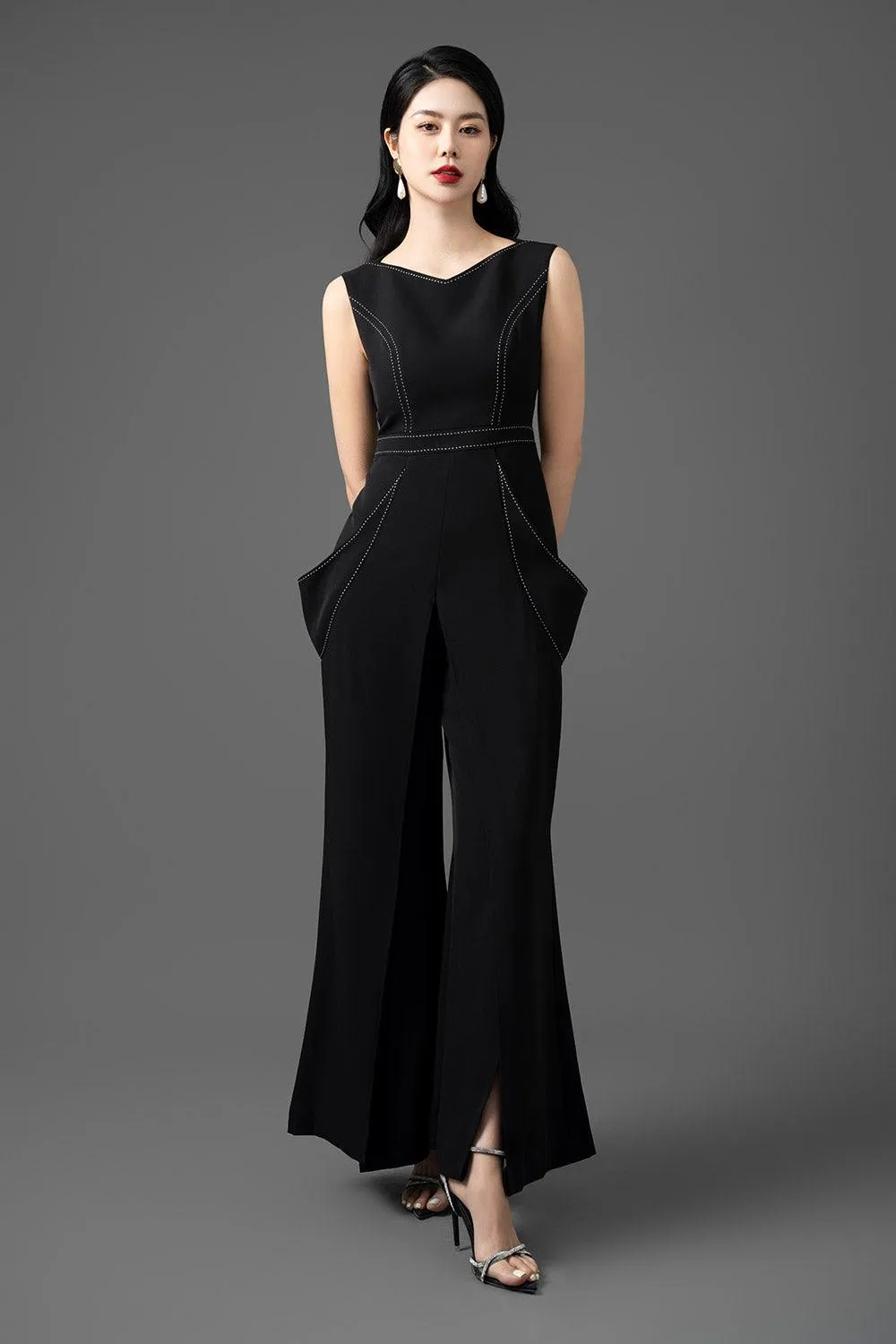 Charlise Straight Sleeveless Cotton Crepe Ankle Length Jumpsuit