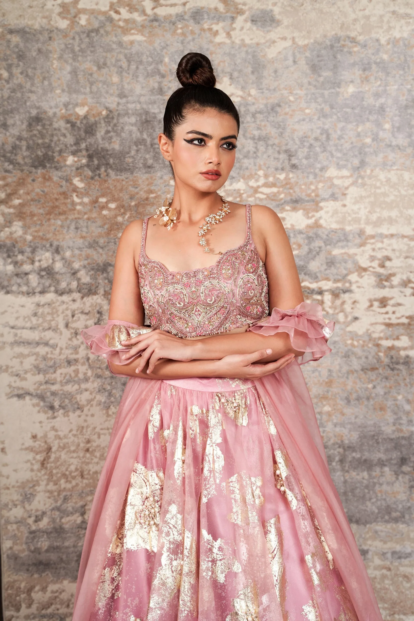 Charm Pink Intricate Hand Embroidered Lehenga With Overcoat