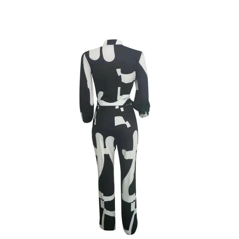 Chic Black and White Printed Jumpsuit for Women with Long Sleeves