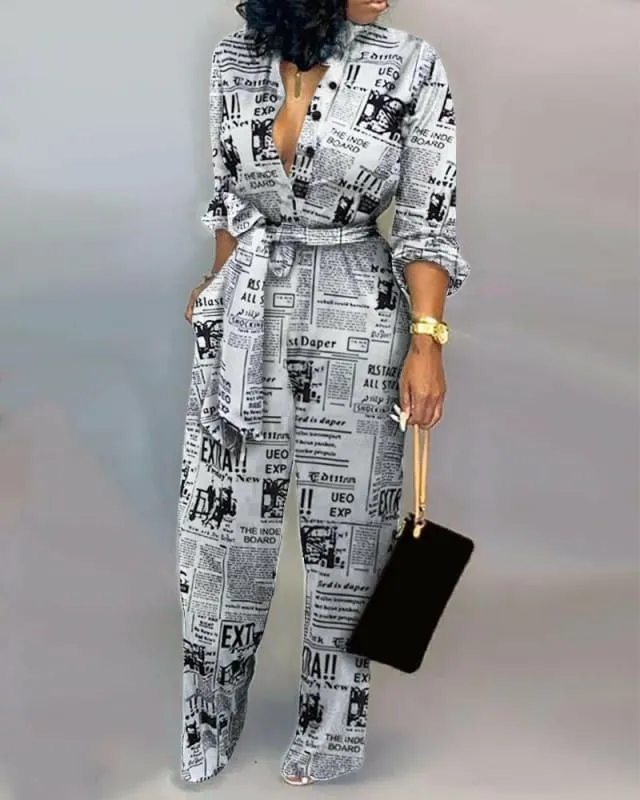 Chic Black and White Printed Jumpsuit for Women with Long Sleeves