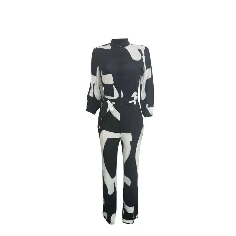 Chic Black and White Printed Jumpsuit for Women with Long Sleeves