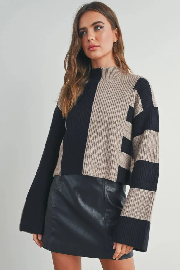 Color Block Mock Turtleneck Sweater BLACK / TAUPE