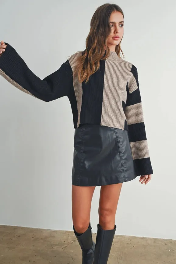 Color Block Mock Turtleneck Sweater BLACK / TAUPE