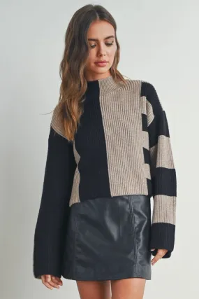 Color Block Mock Turtleneck Sweater BLACK / TAUPE