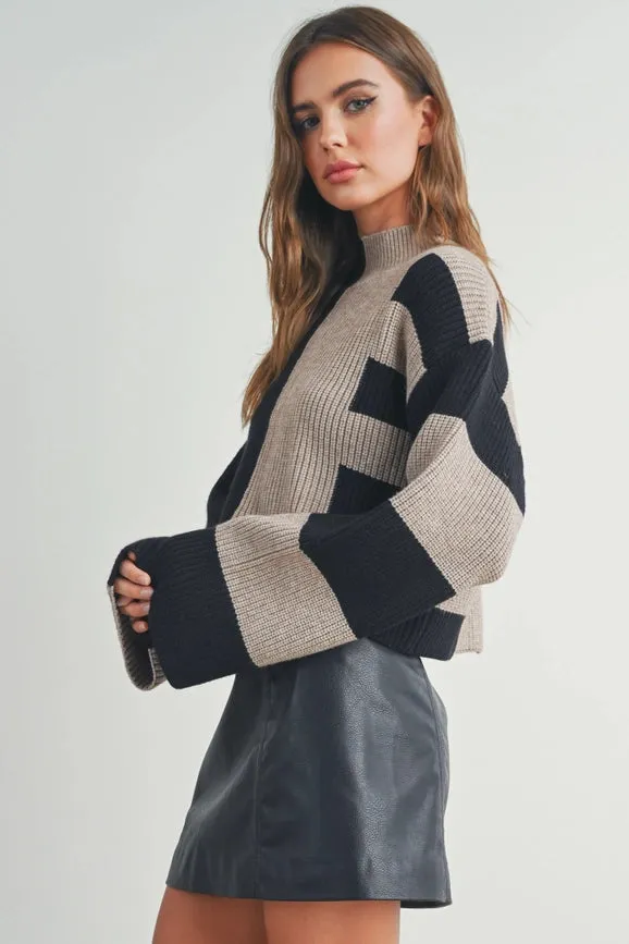 Color Block Mock Turtleneck Sweater BLACK / TAUPE