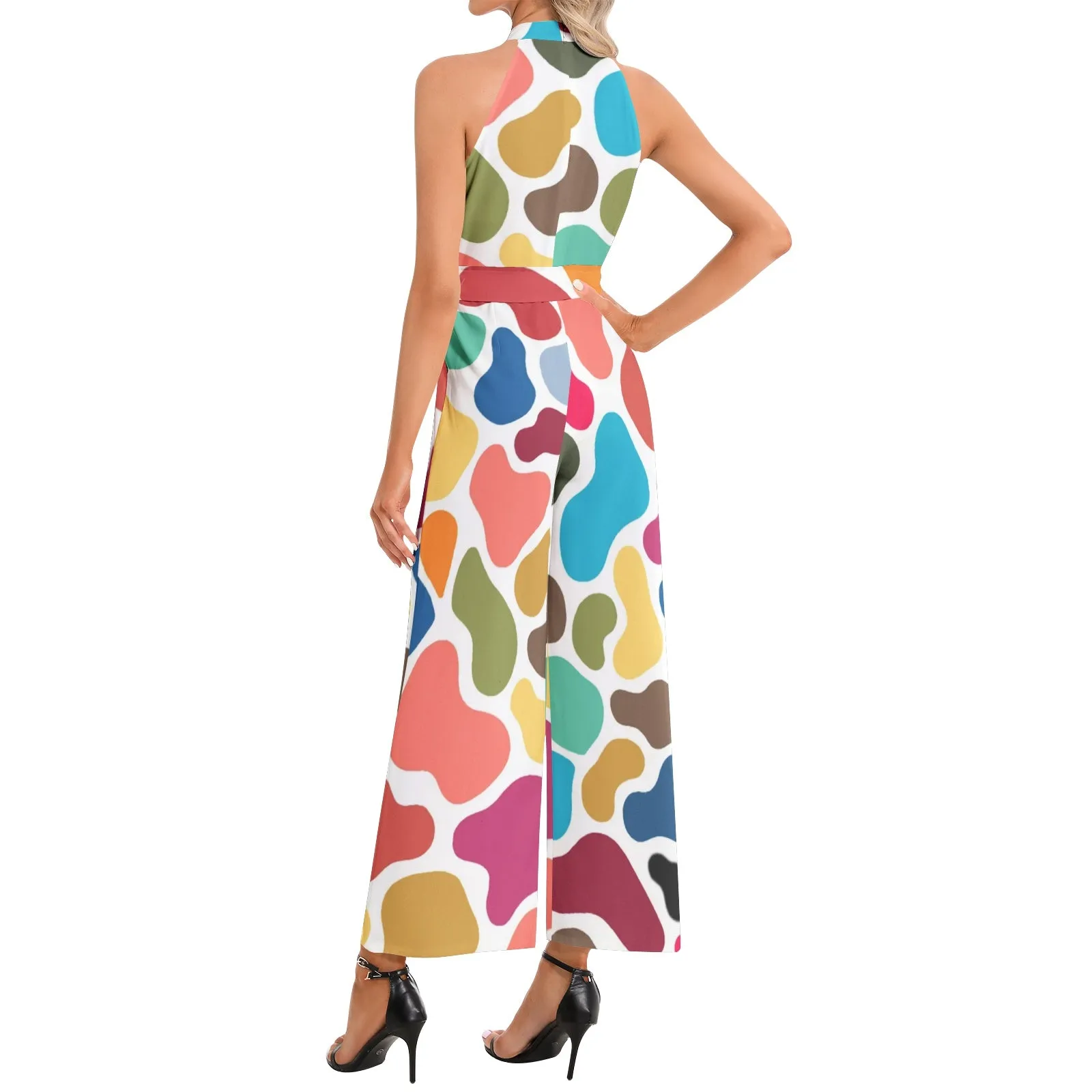 Colorful Giraffe Halter Neck Buckle Belted Jumpsuit