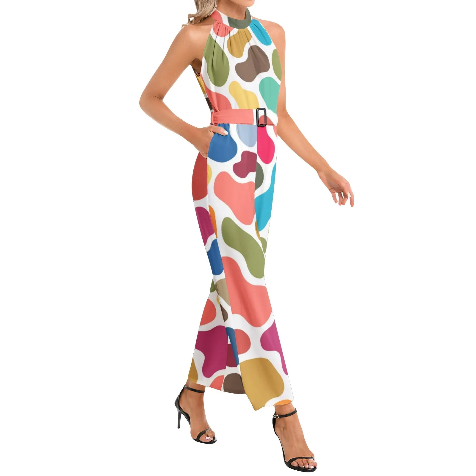 Colorful Giraffe Halter Neck Buckle Belted Jumpsuit