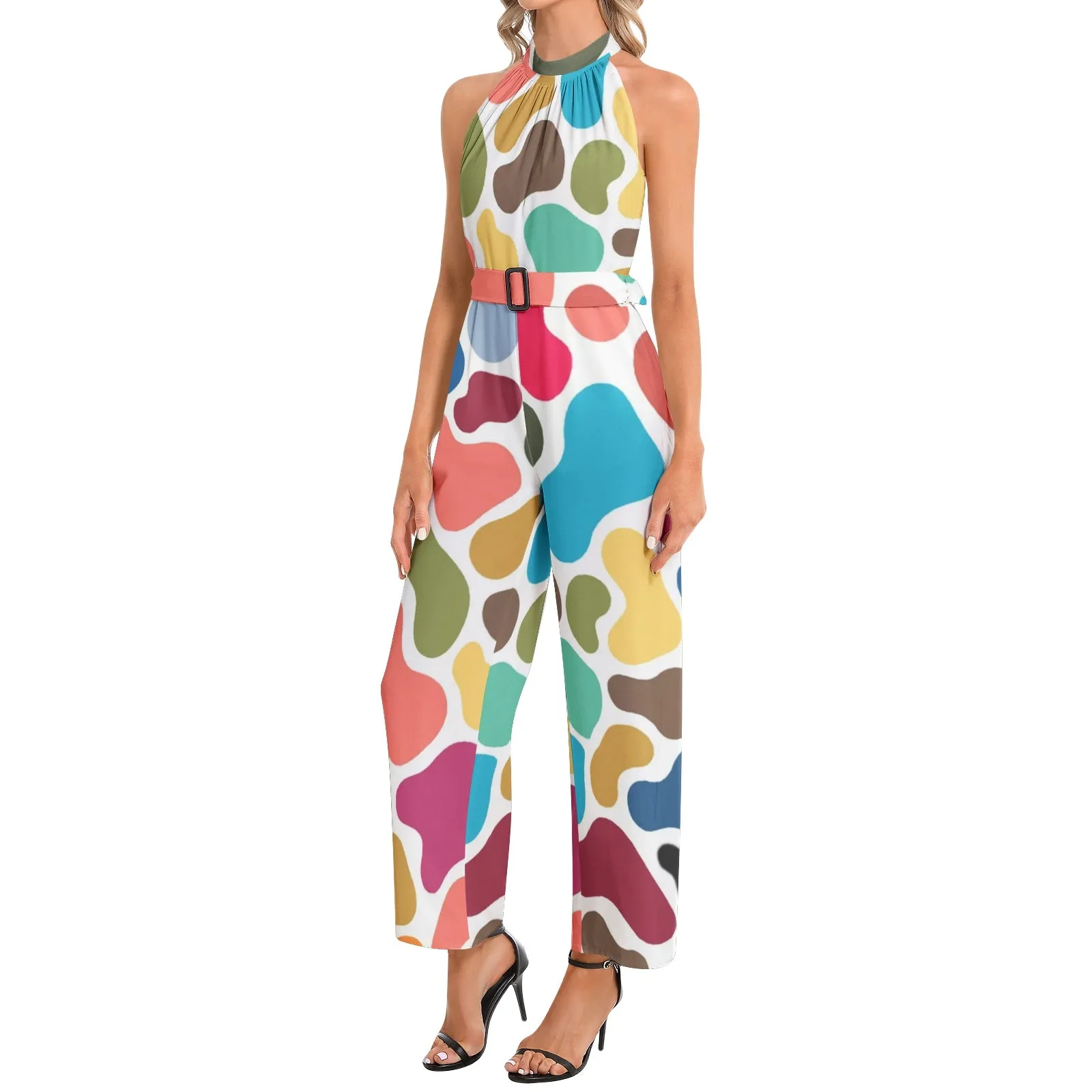 Colorful Giraffe Halter Neck Buckle Belted Jumpsuit