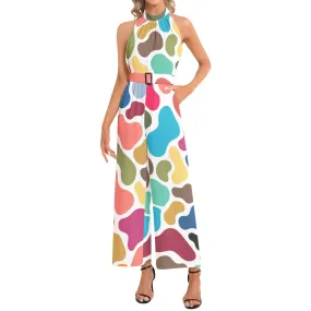 Colorful Giraffe Halter Neck Buckle Belted Jumpsuit