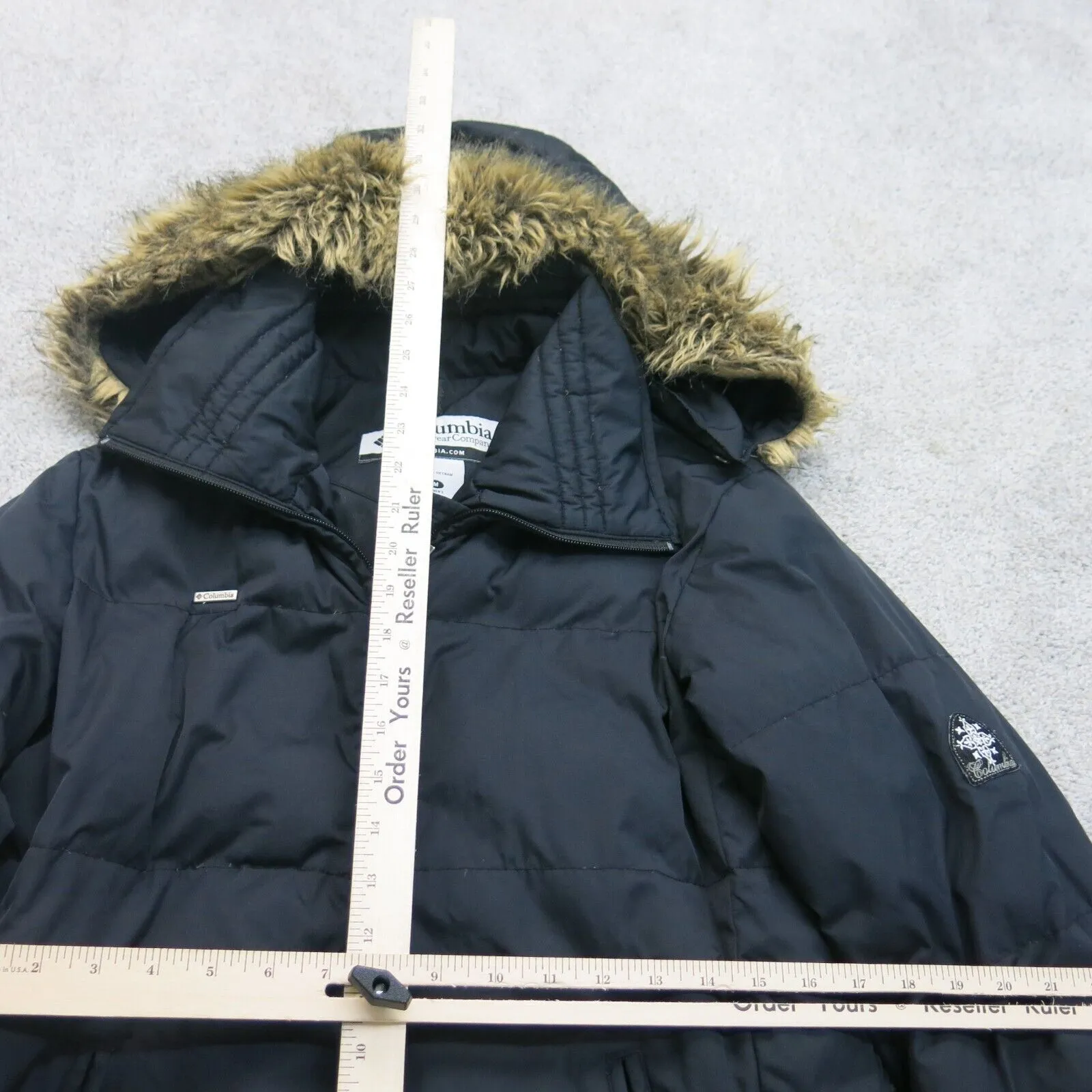 Columbia Sportswear Womens Puffer Hooded Jacket Faux Fur Logo Black Size Medium