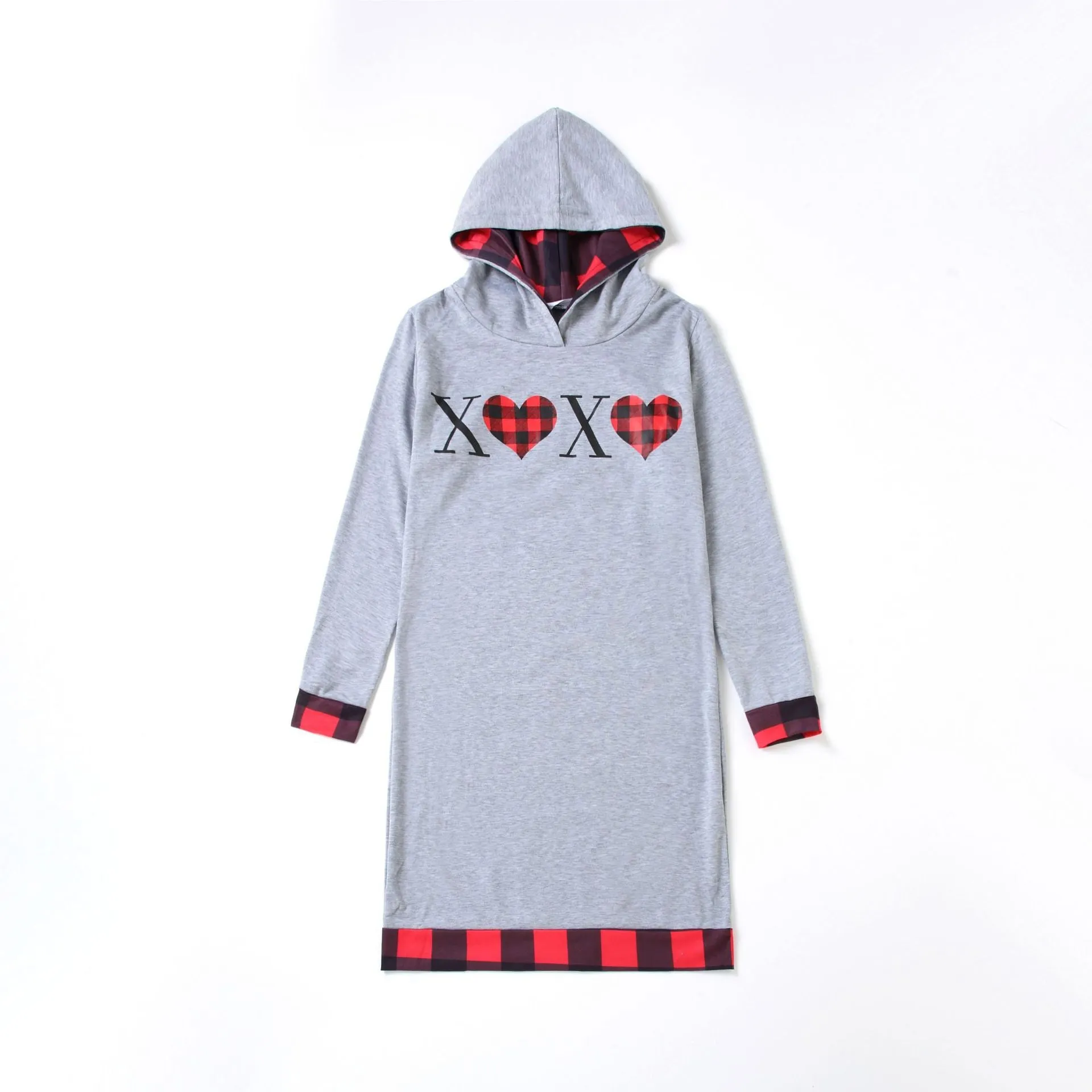 Contrast Plaid Print Long-sleeve Hoodie Dress for Mom and Me