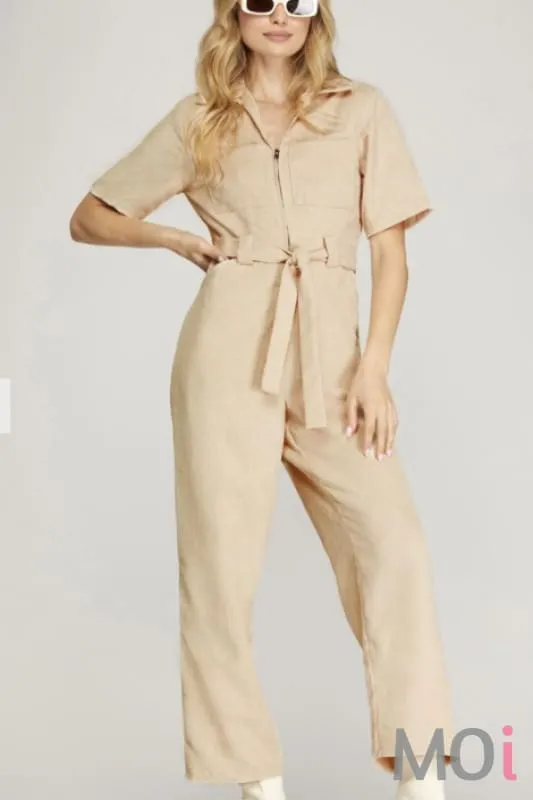 Corduroy Belted Jumpsuit Ecru