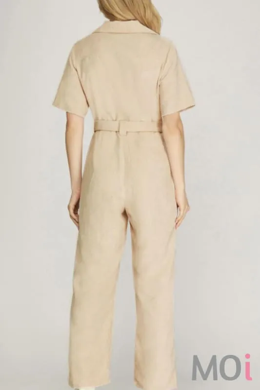 Corduroy Belted Jumpsuit Ecru