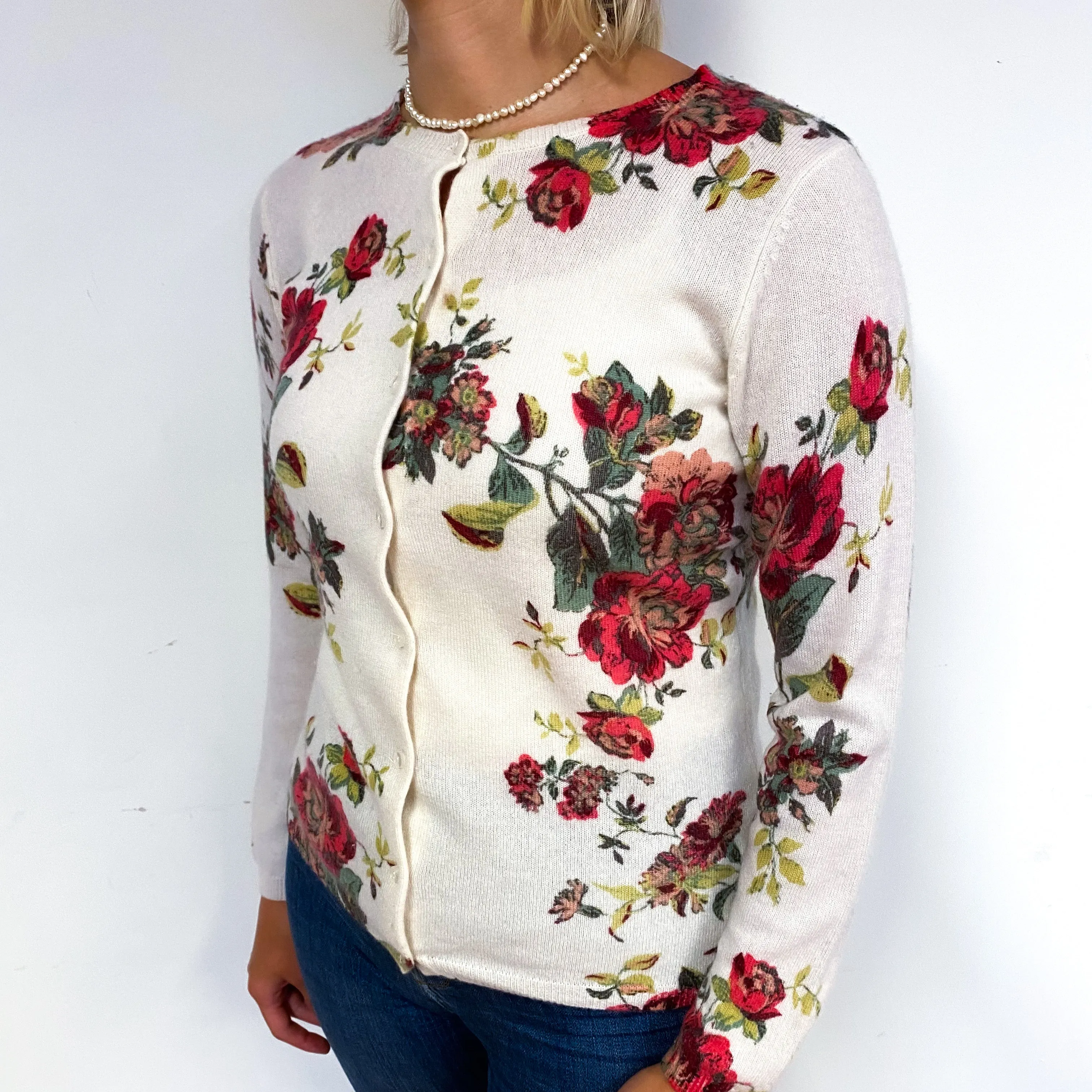 Cream Red Floral Cashmere Crew Neck Cardigan Small