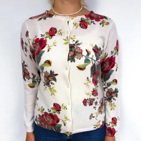 Cream Red Floral Cashmere Crew Neck Cardigan Small