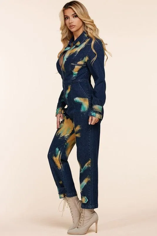 Dark denim jumpsuit with tie dye