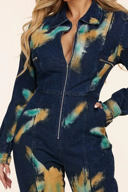 Dark denim jumpsuit with tie dye