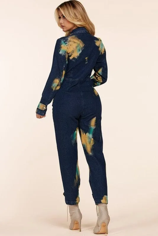 Dark denim jumpsuit with tie dye