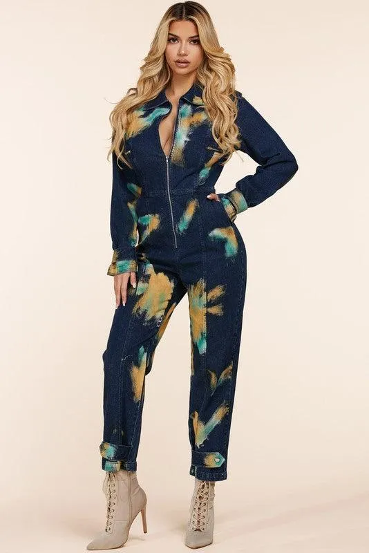 Dark denim jumpsuit with tie dye