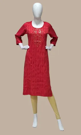 Deep Coral Embroidered Kurti Top