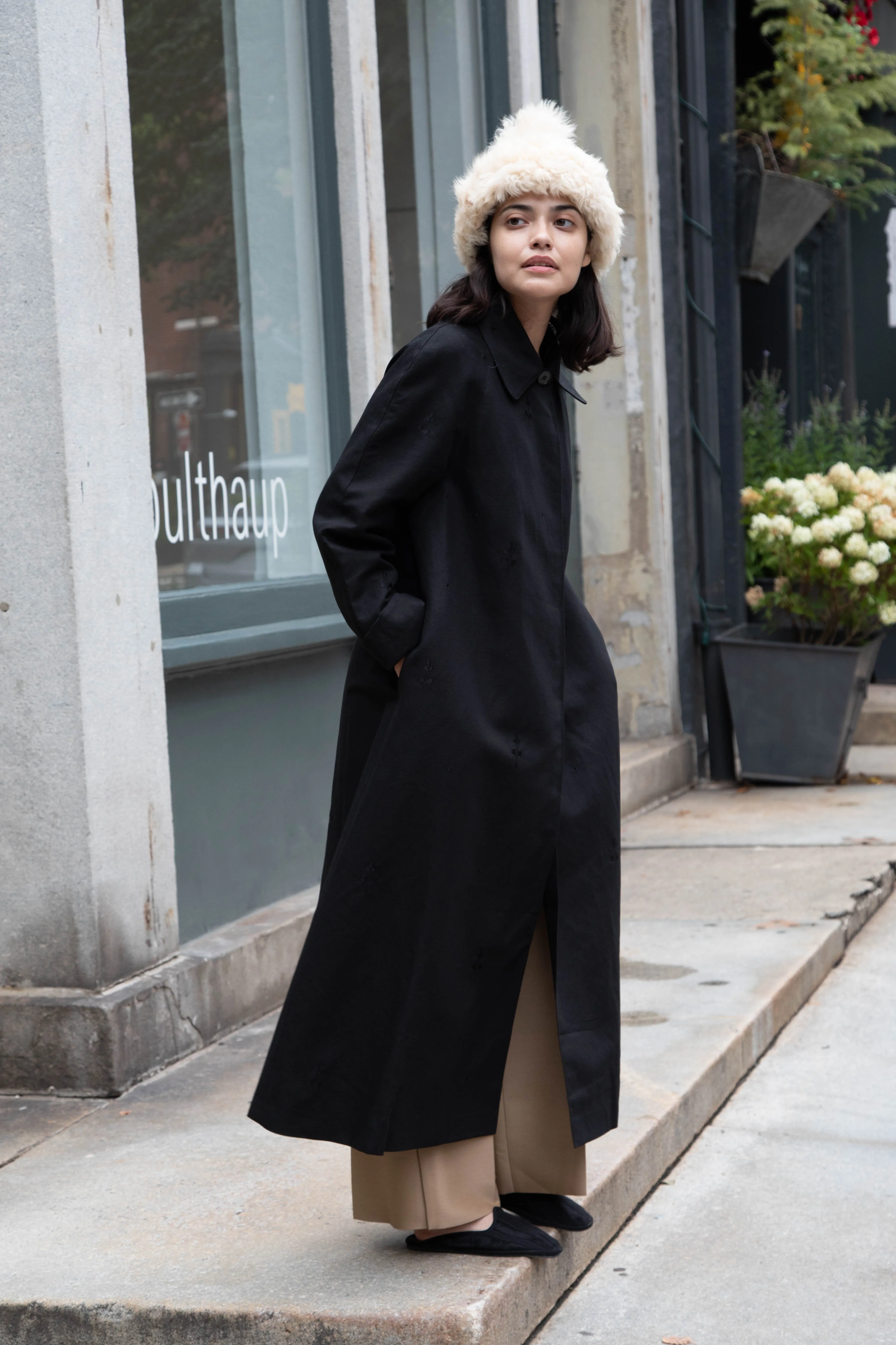 Delegan | Trench Coat with Embroidery in Black & Black