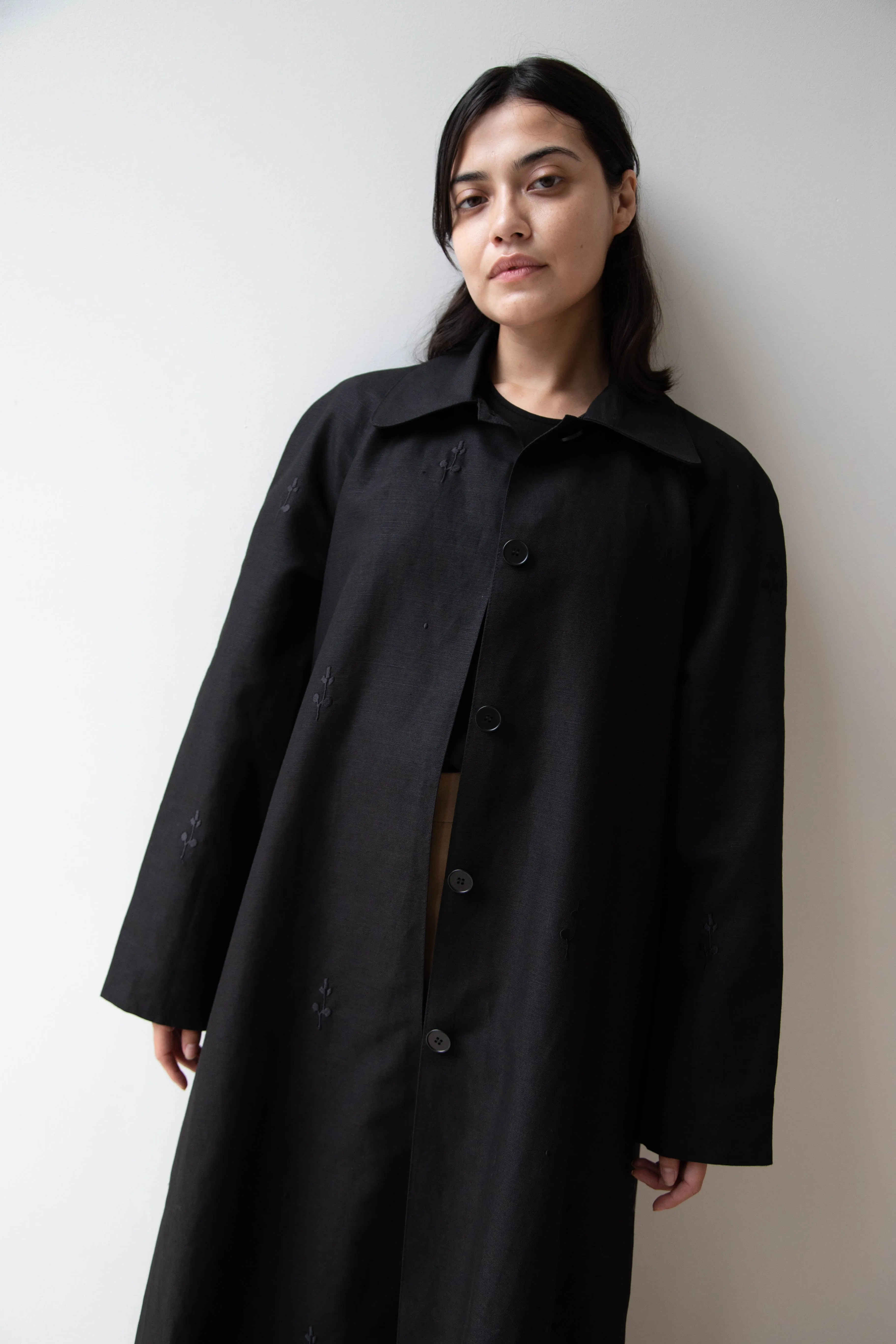 Delegan | Trench Coat with Embroidery in Black & Black