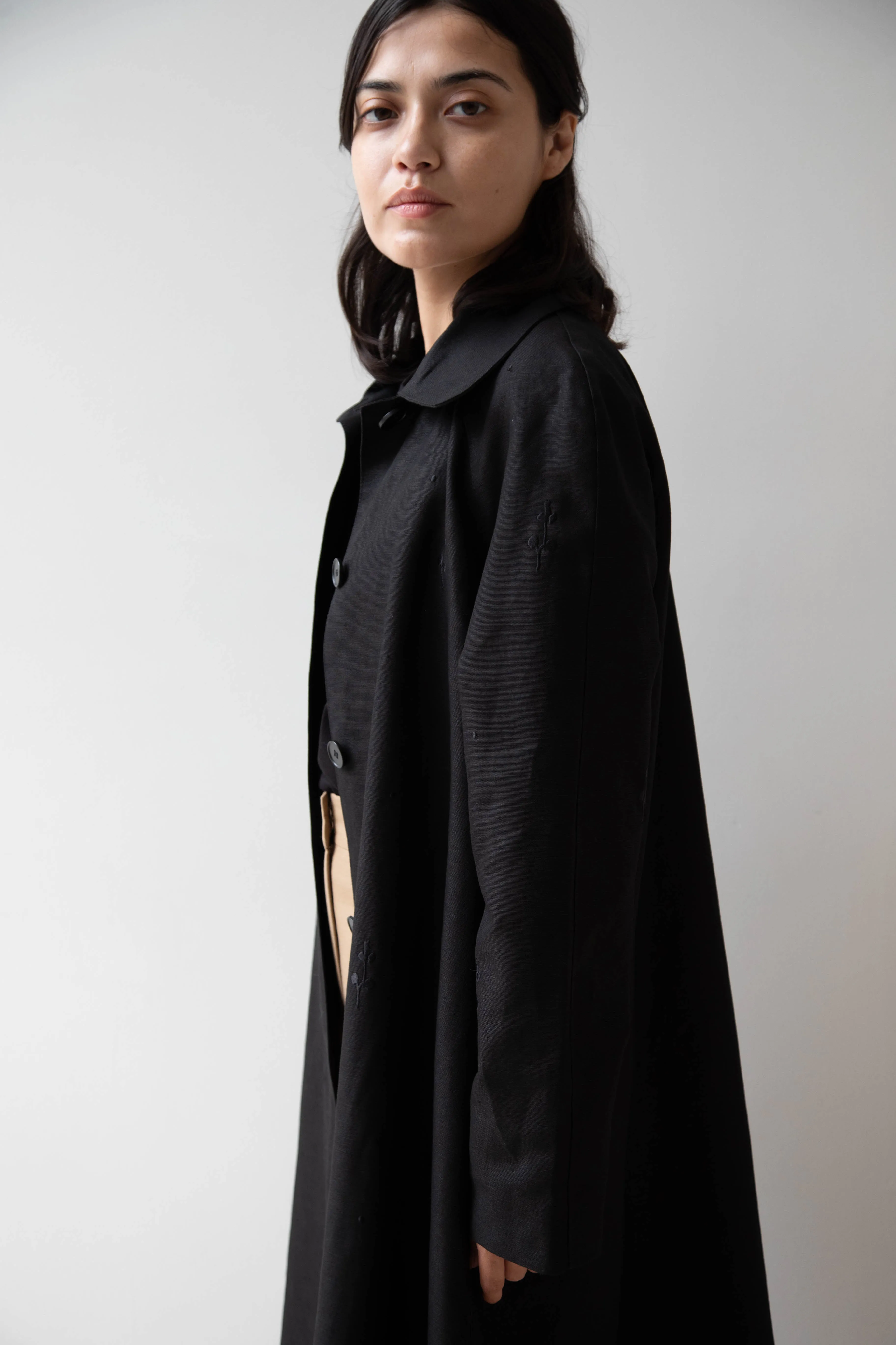 Delegan | Trench Coat with Embroidery in Black & Black