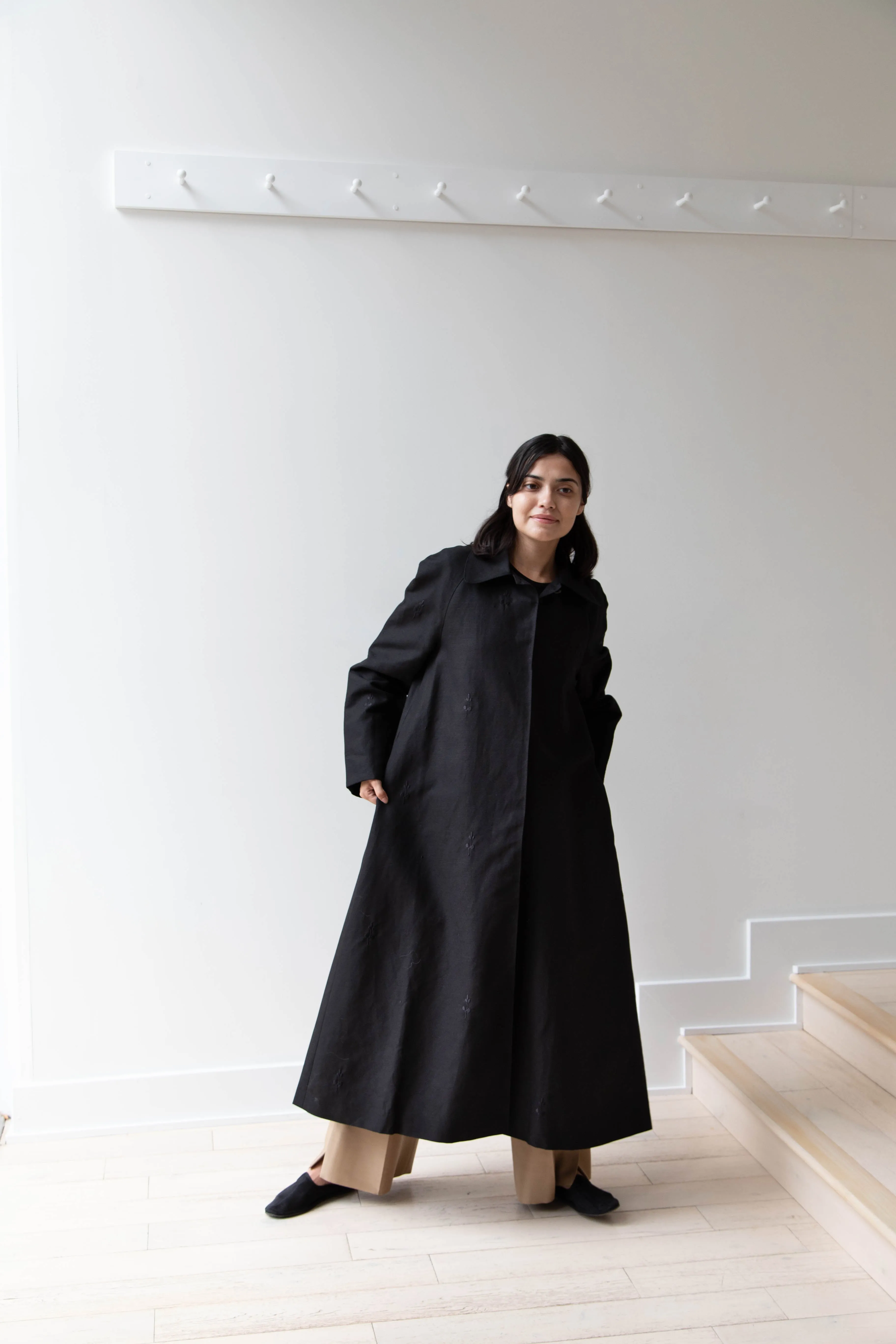 Delegan | Trench Coat with Embroidery in Black & Black