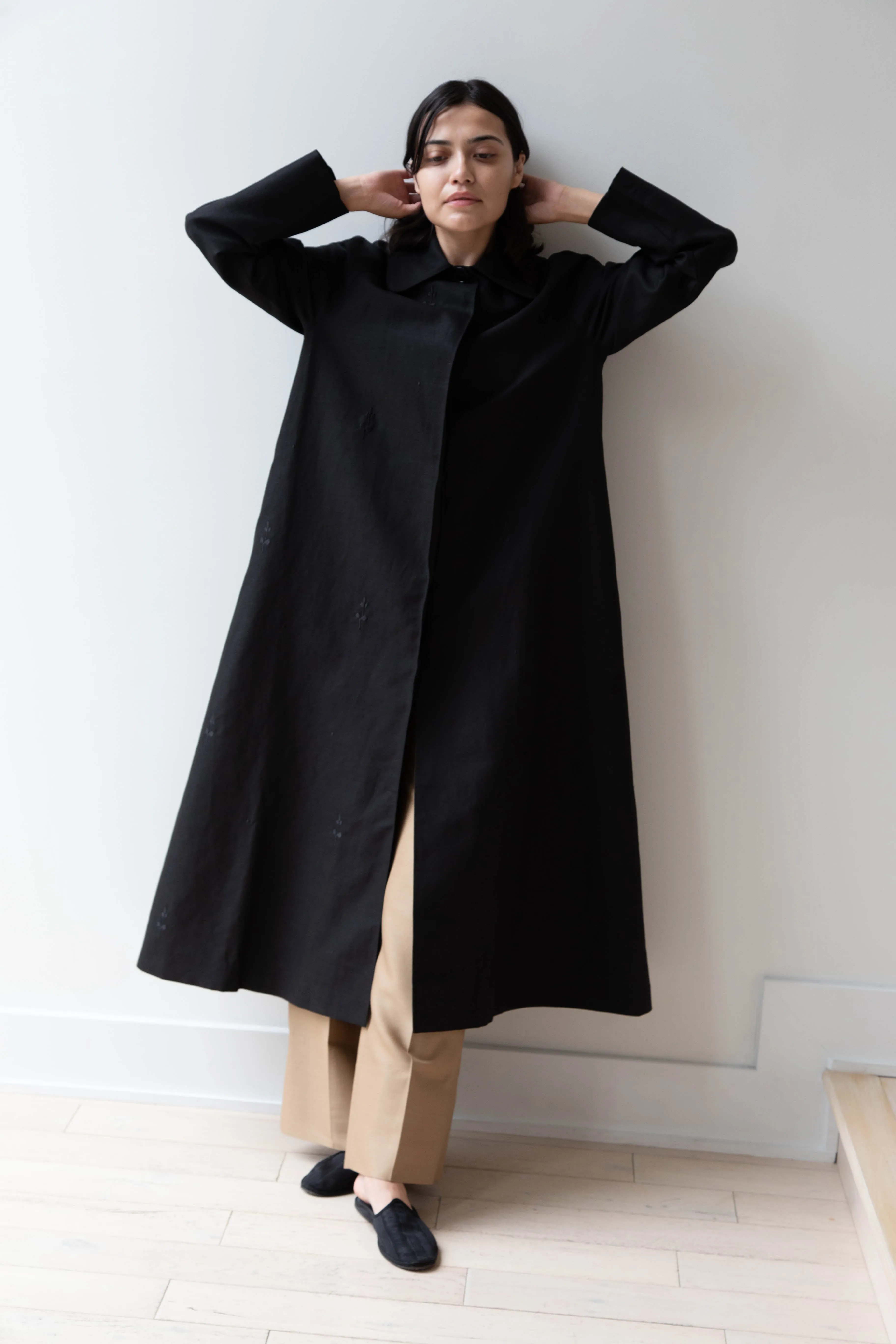 Delegan | Trench Coat with Embroidery in Black & Black