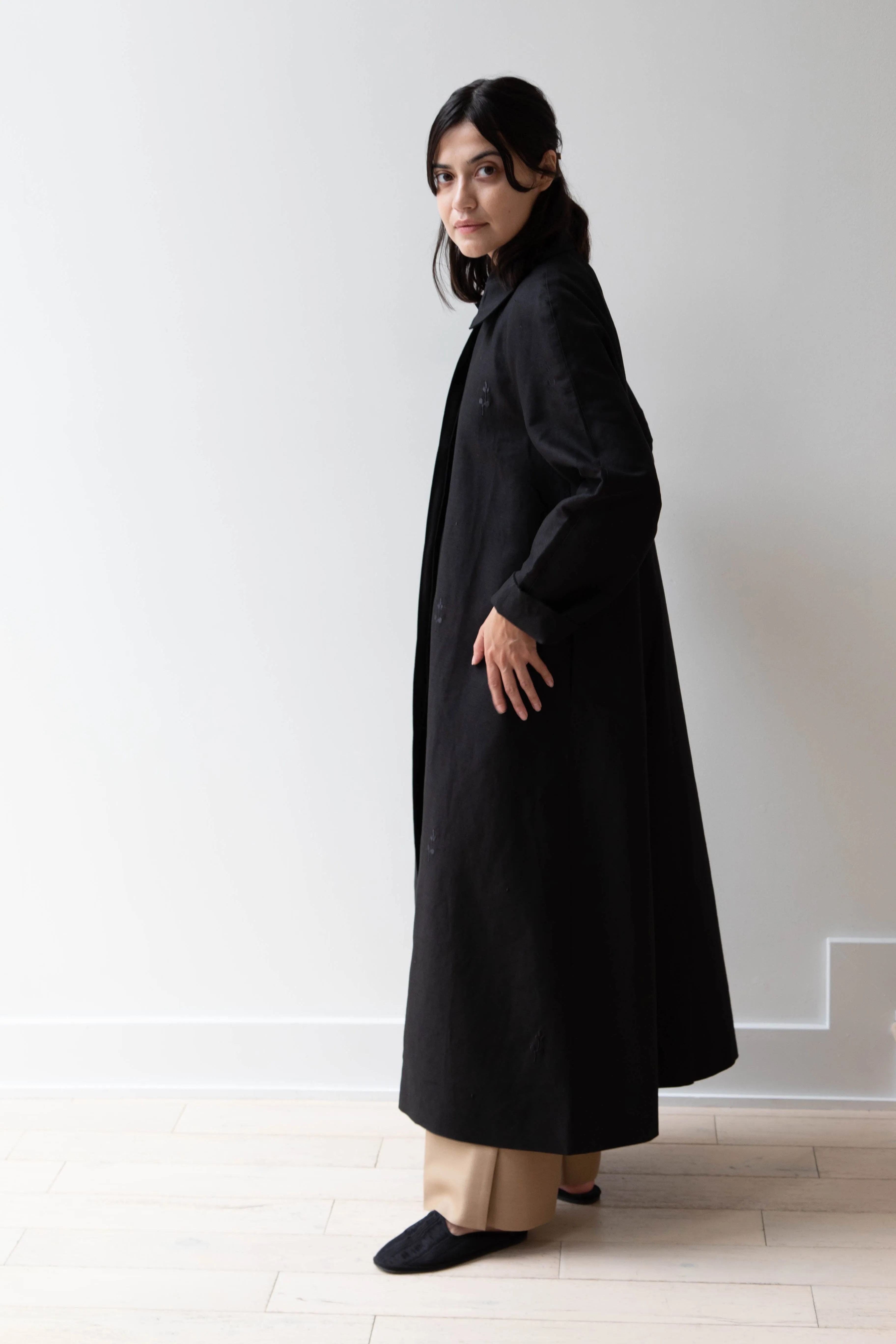 Delegan | Trench Coat with Embroidery in Black & Black