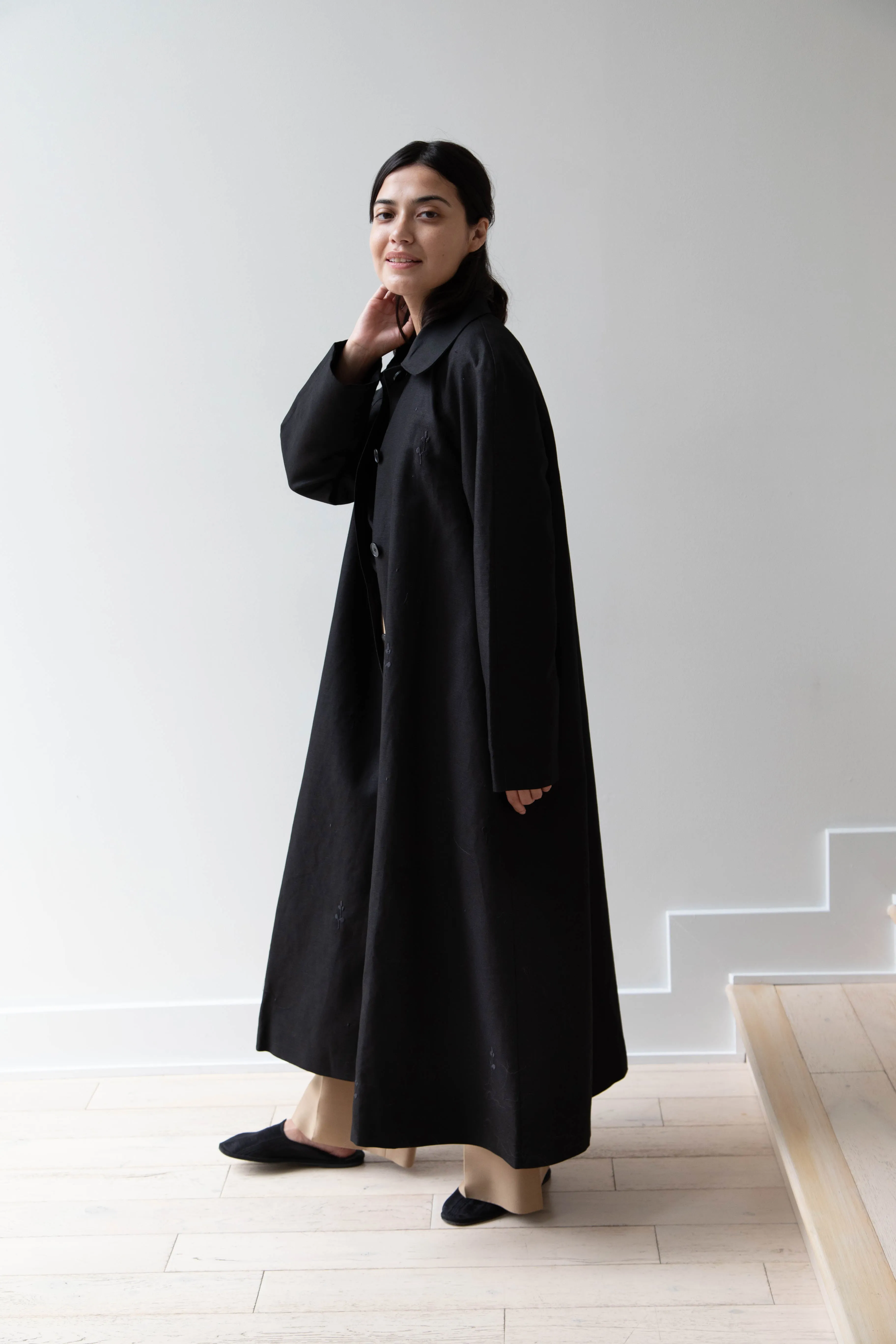 Delegan | Trench Coat with Embroidery in Black & Black