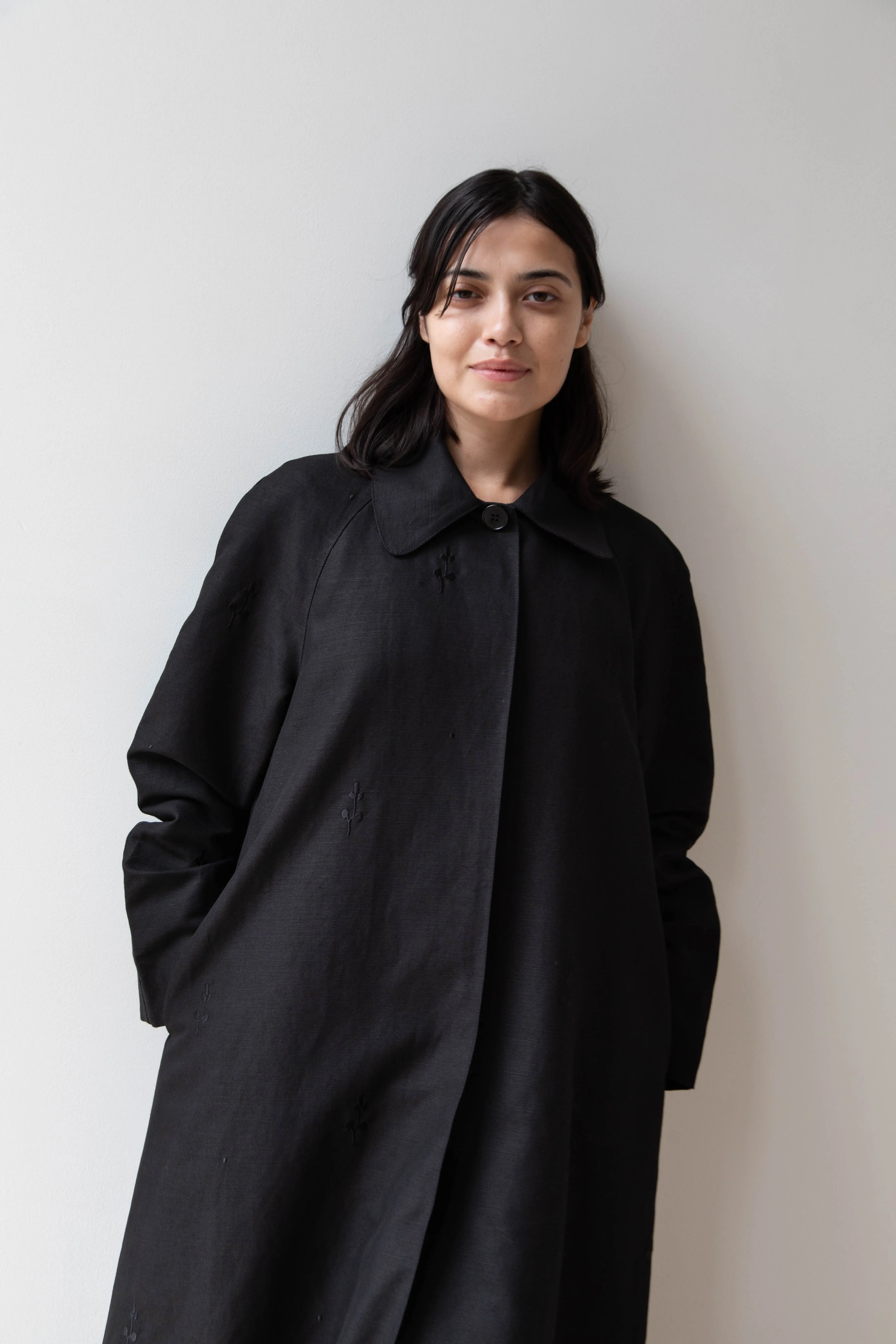 Delegan | Trench Coat with Embroidery in Black & Black