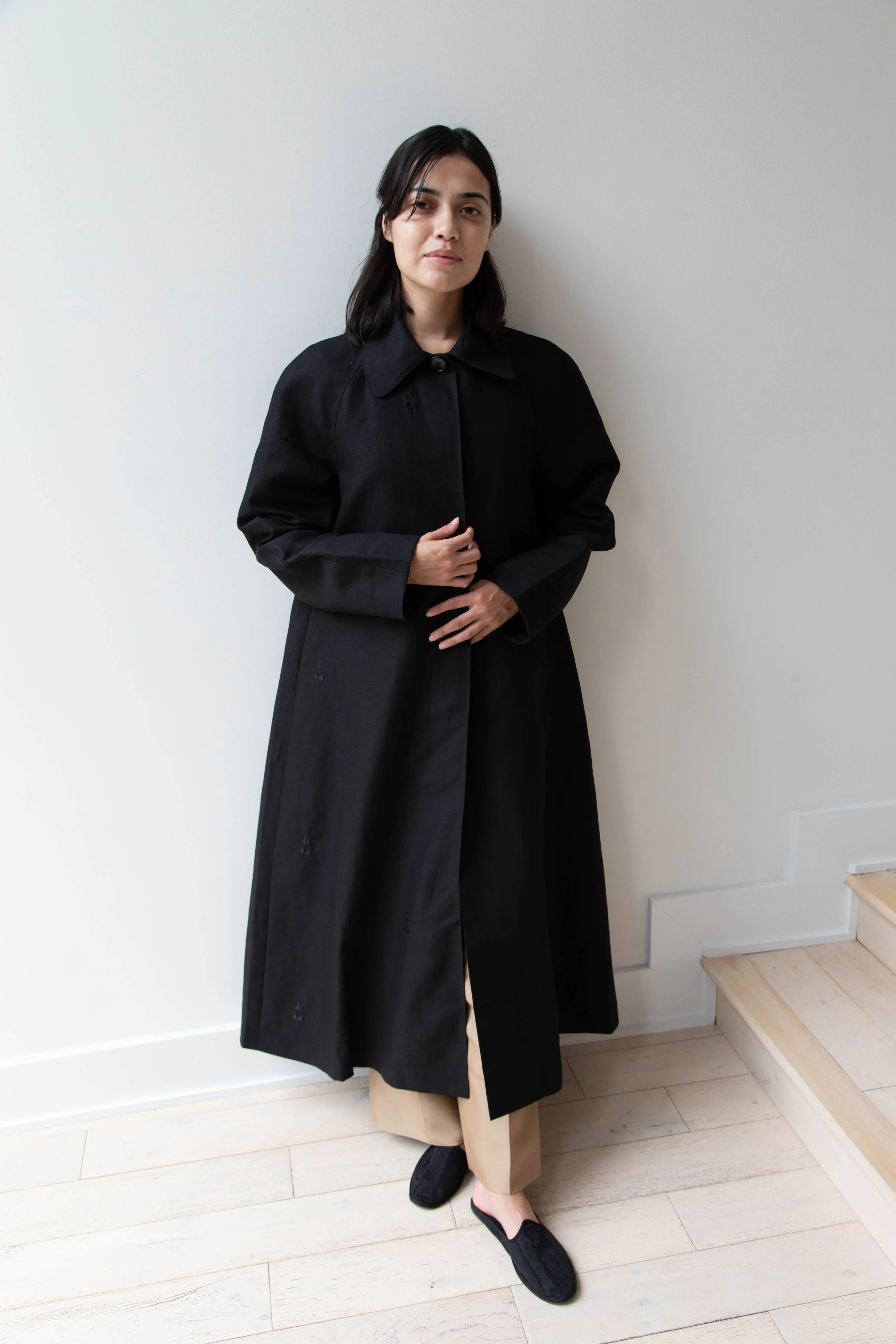 Delegan | Trench Coat with Embroidery in Black & Black