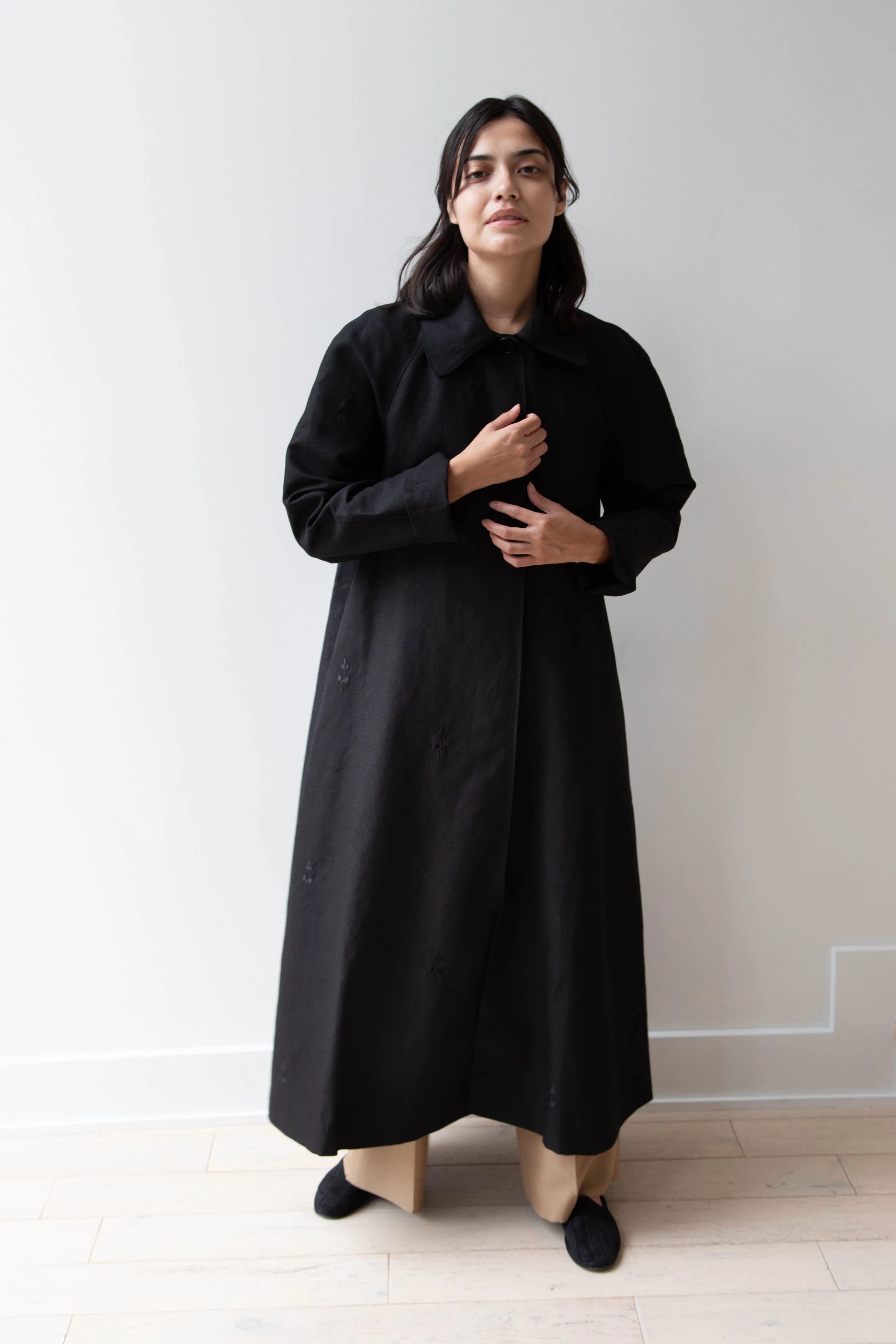 Delegan | Trench Coat with Embroidery in Black & Black