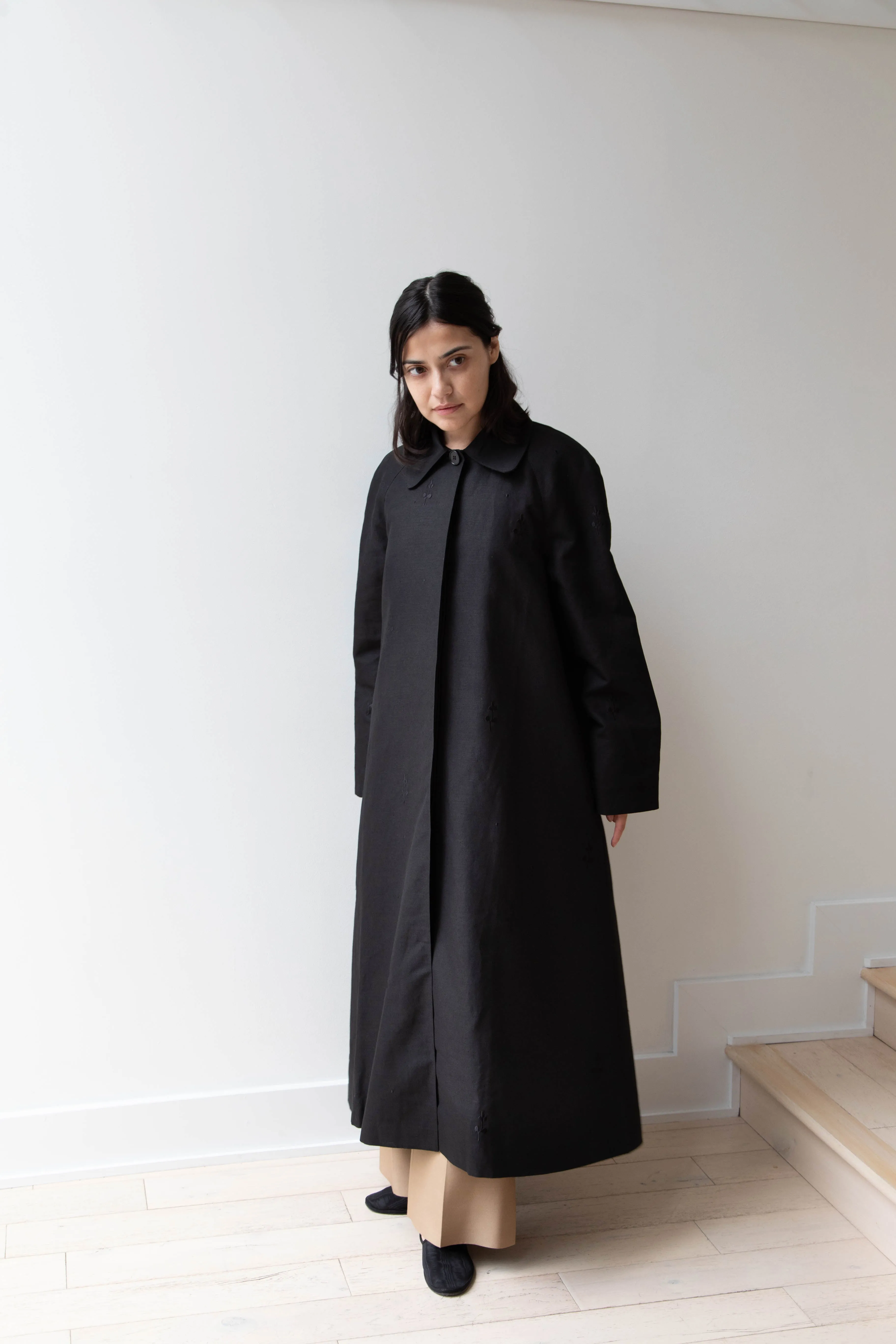 Delegan | Trench Coat with Embroidery in Black & Black