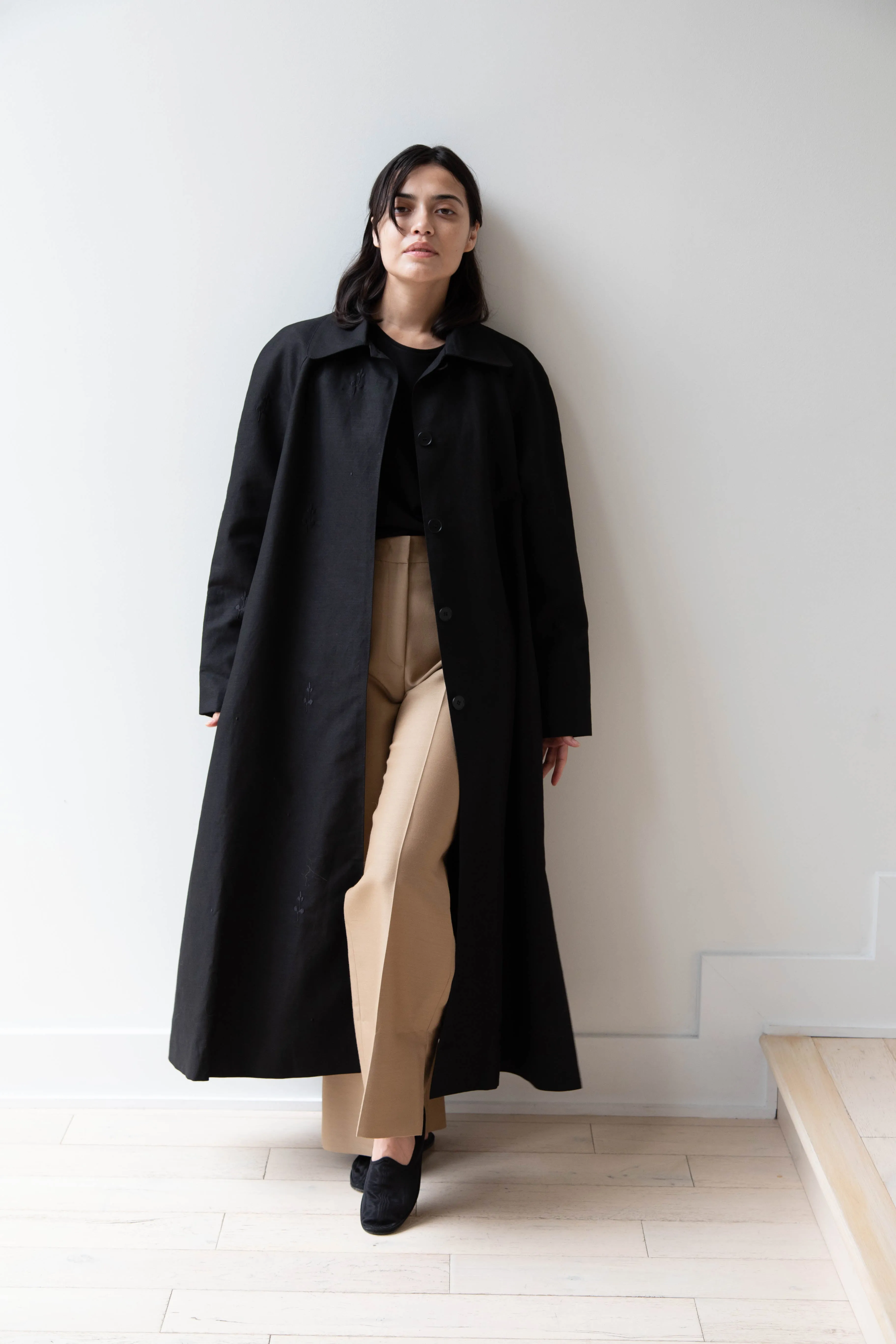 Delegan | Trench Coat with Embroidery in Black & Black