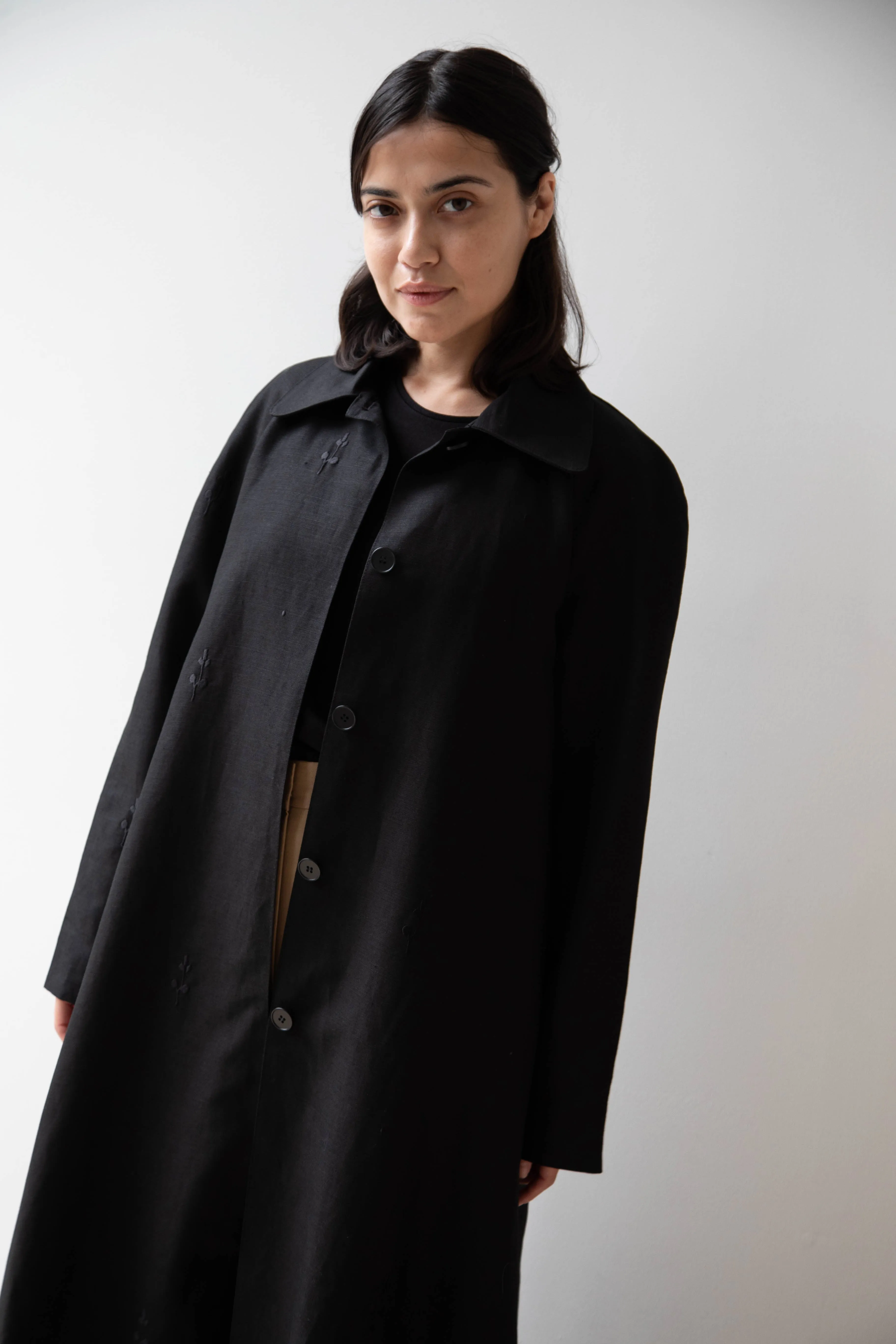 Delegan | Trench Coat with Embroidery in Black & Black